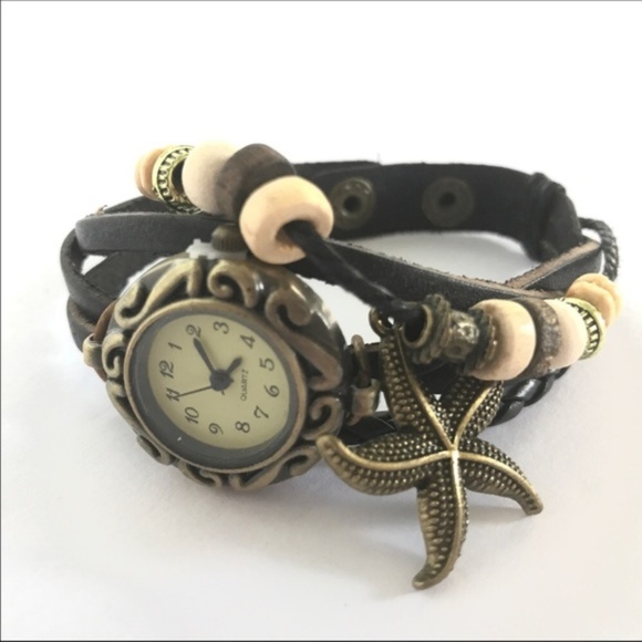 centsible_wear Accessories - Boho Chic Black Starfish Charm Bracelet Watch